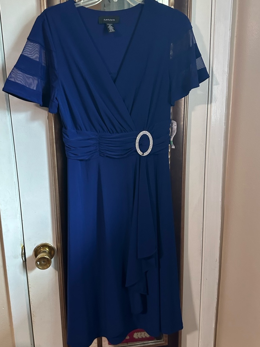 R&M Richards Royal Blue Faux-Wrap Midi Dress with Jeweled Buckle